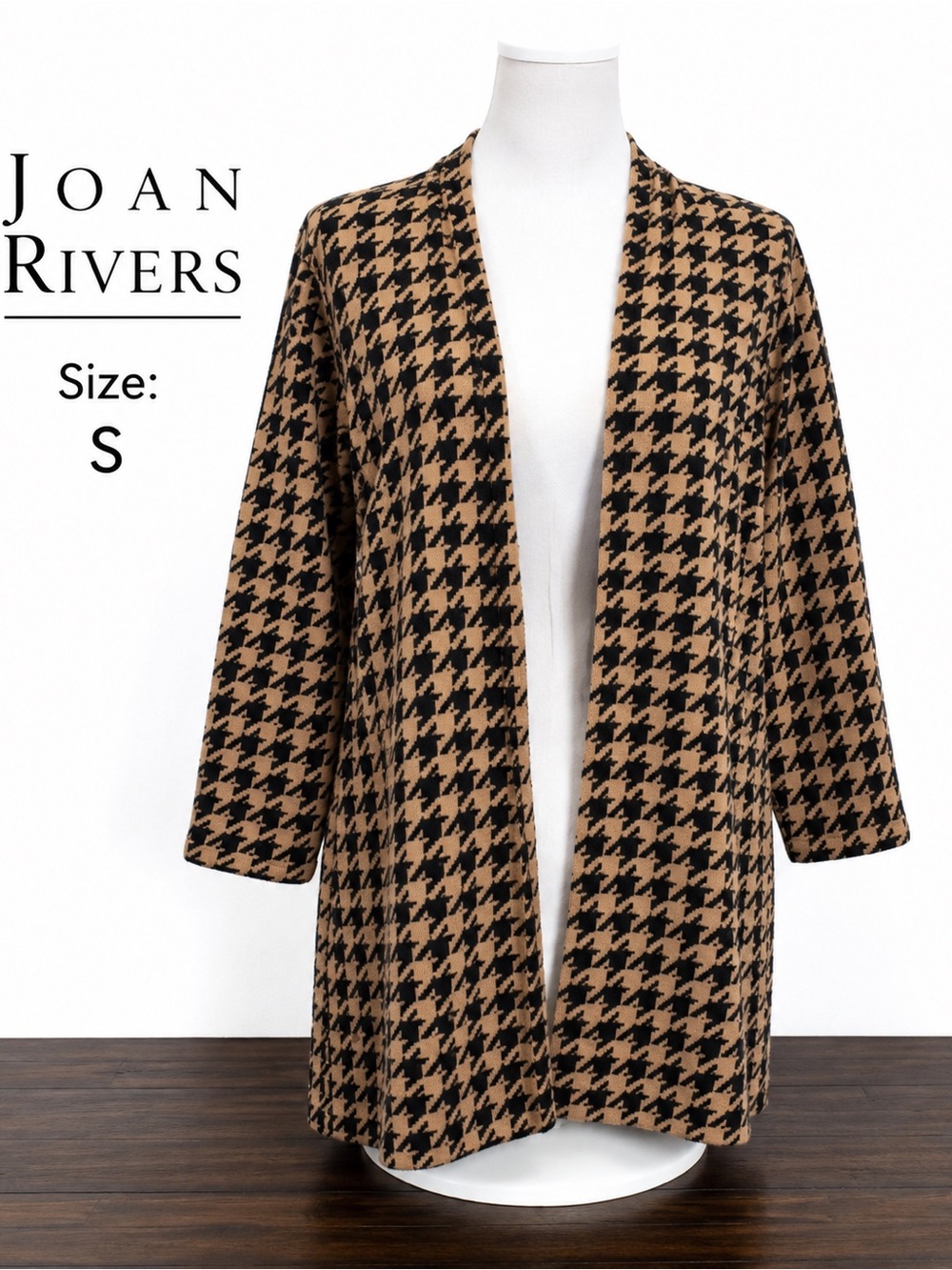 Joan Rivers Houndstooth Open Front Cardigan Sweater Small Tan Black